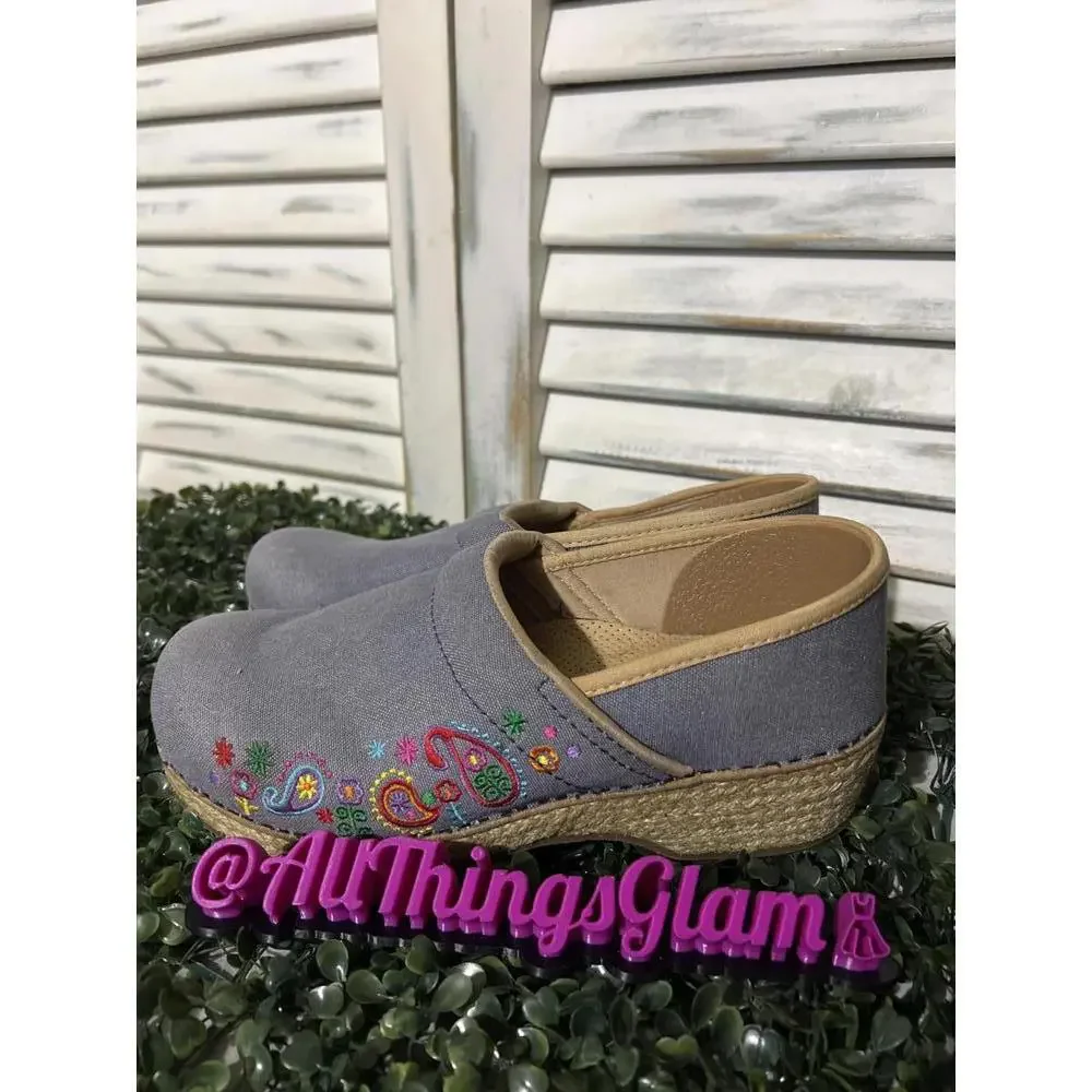 Dansko Vegan blue Slip-On Wedge Clogs Embroidered Floral 10 - Picture 6 of 8